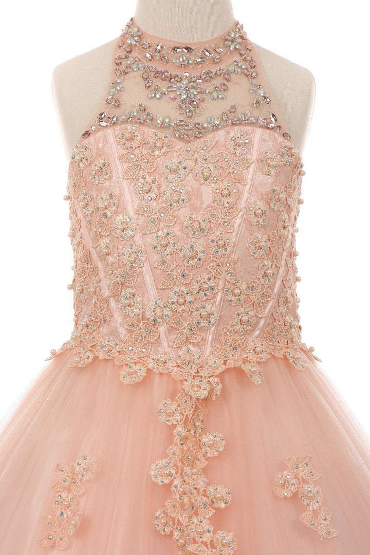 Girls Long Halter Formal Dress with Beaded Floral Appliques-Girls Formal Dresses-ABC Fashion