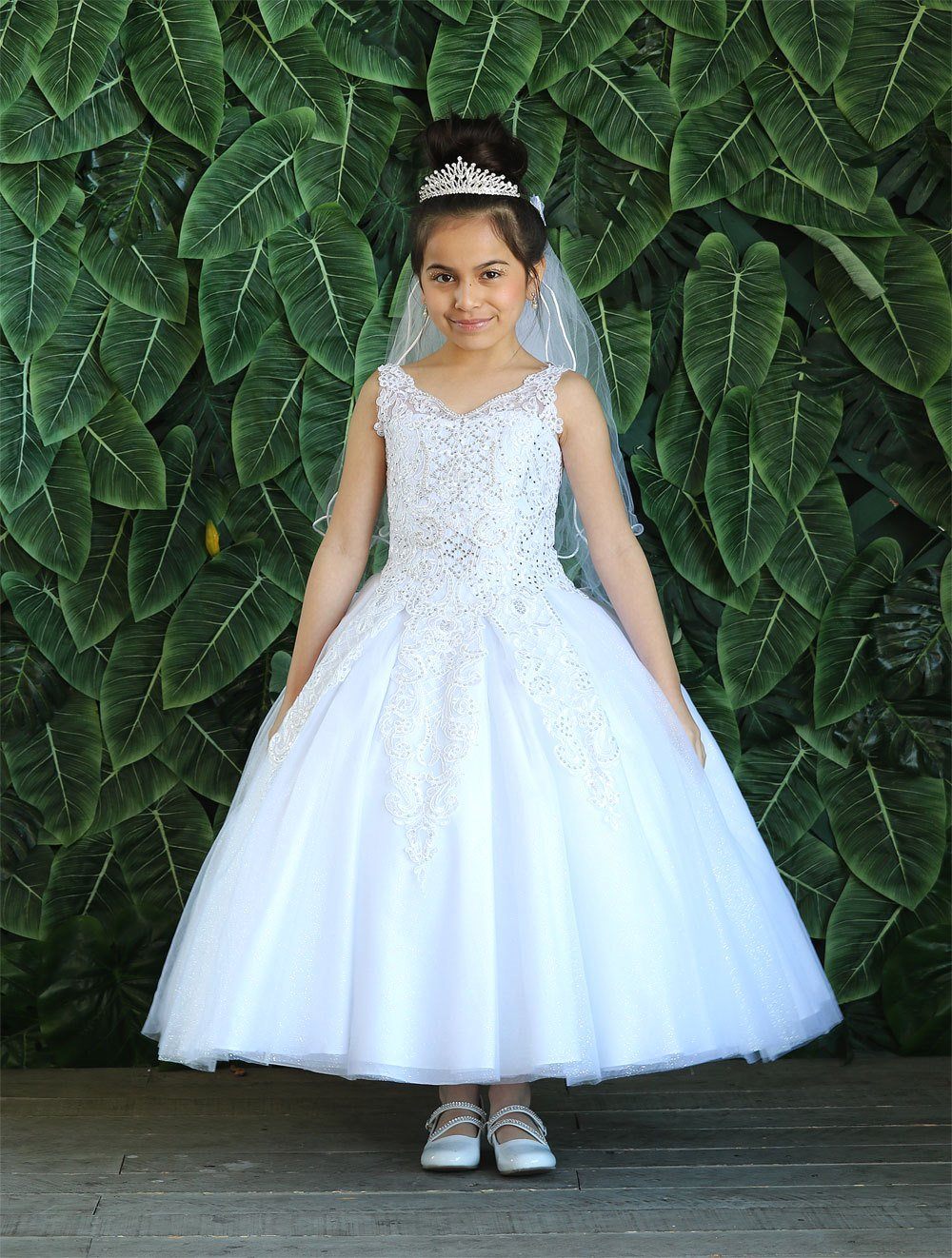 Girls Long Lace Applique A-line Dress by Calla KY221
