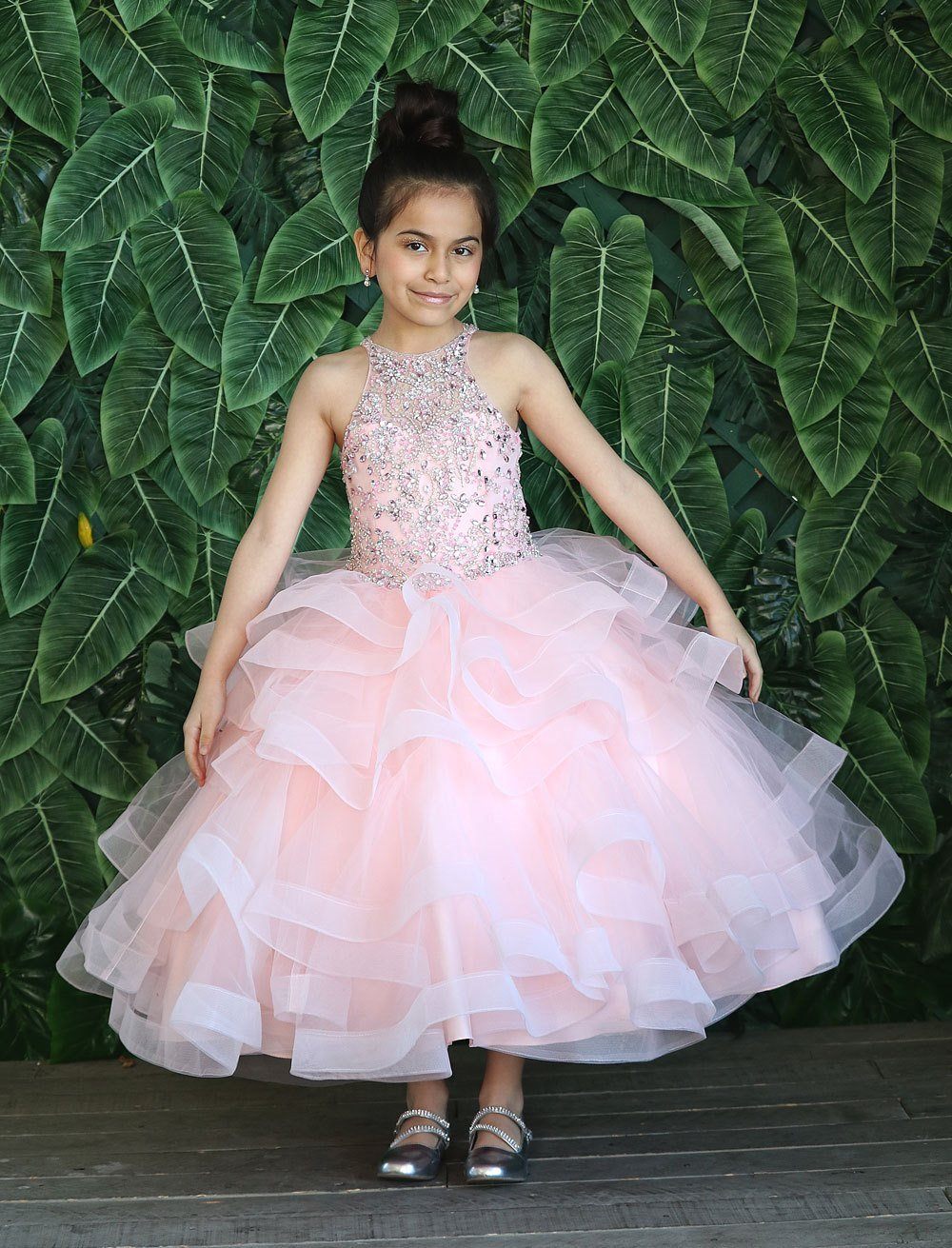 Girls Long Layered Dress with Beaded Bodice by Calla KY217-Girls Formal Dresses-ABC Fashion