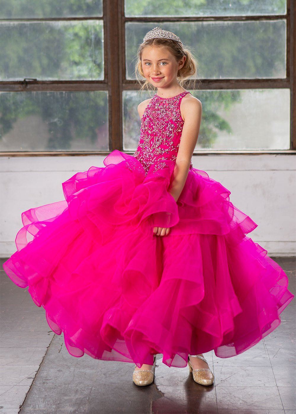 Girls Long Layered Dress with Beaded Bodice by Calla KY217-Girls Formal Dresses-ABC Fashion