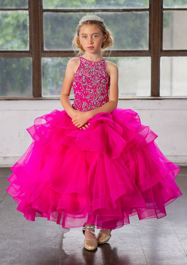 Girls Long Layered Dress with Beaded Bodice by Calla KY217-Girls Formal Dresses-ABC Fashion