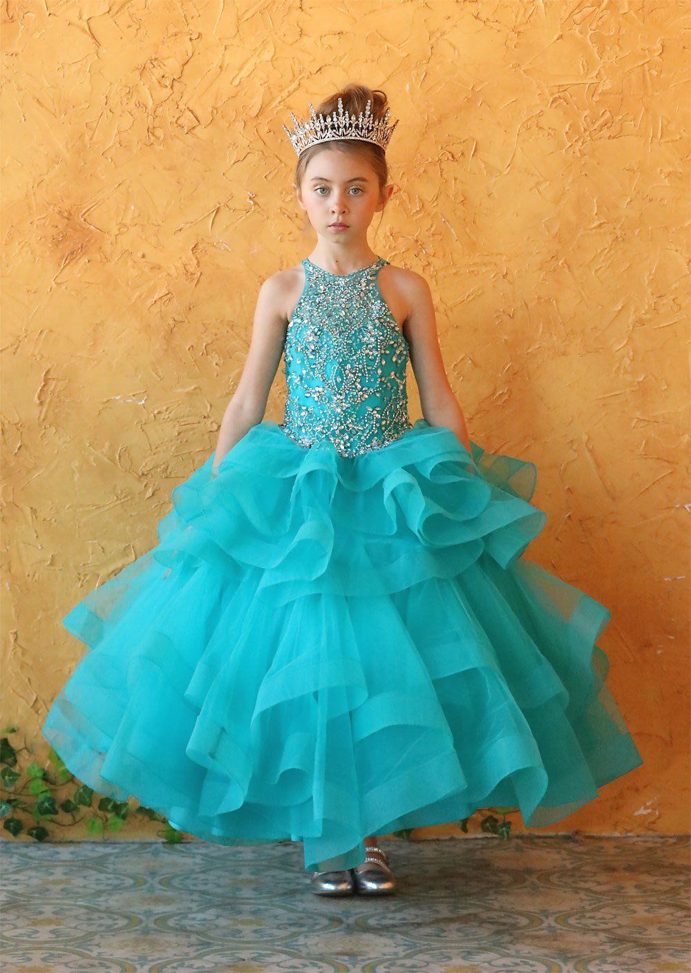 Girls Long Layered Dress with Beaded Bodice by Calla KY217-Girls Formal Dresses-ABC Fashion