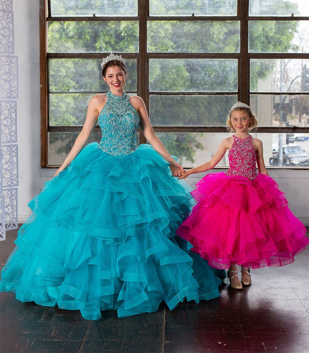 Girls Long Layered Dress with Beaded Bodice by Calla KY217-Girls Formal Dresses-ABC Fashion