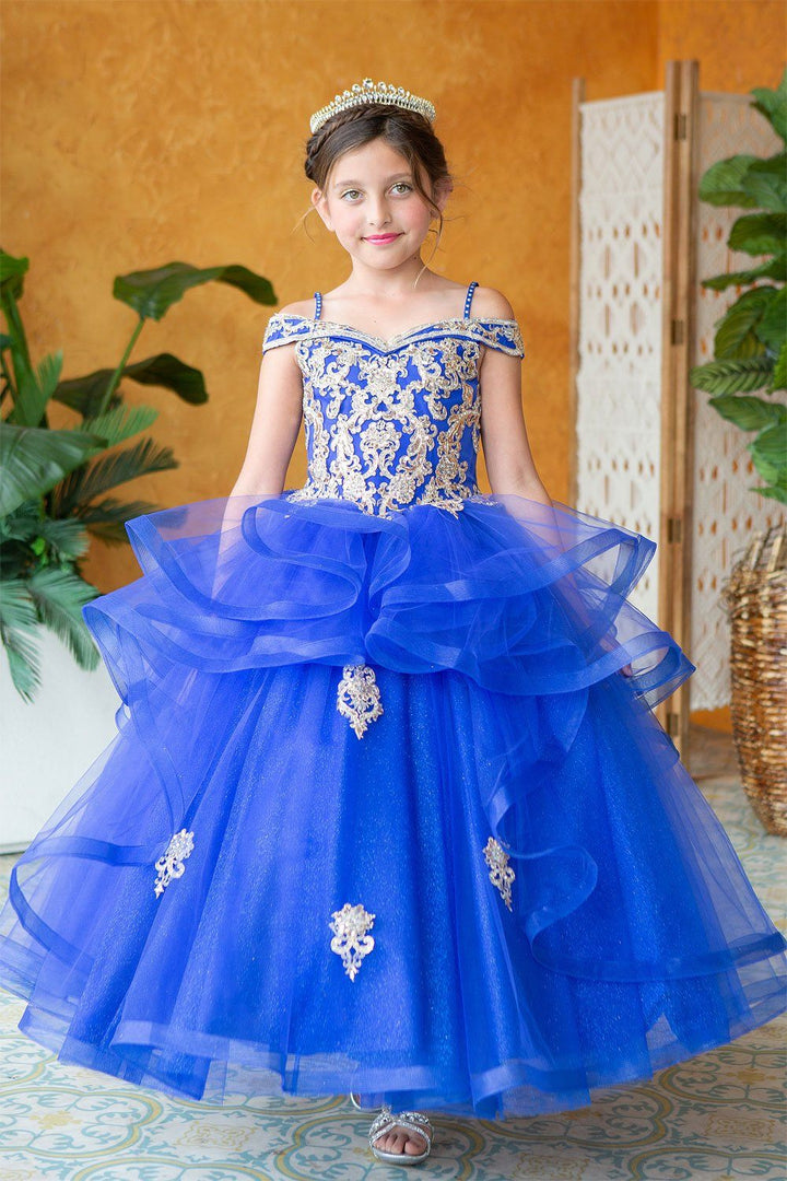 Girls Long Off Shoulder Dress with Glitter Skirt by Calla KY223-Girls Formal Dresses-ABC Fashion