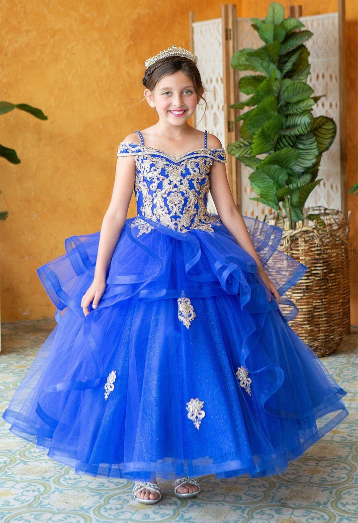 Girls Long Off Shoulder Dress with Glitter Skirt by Calla KY223-Girls Formal Dresses-ABC Fashion