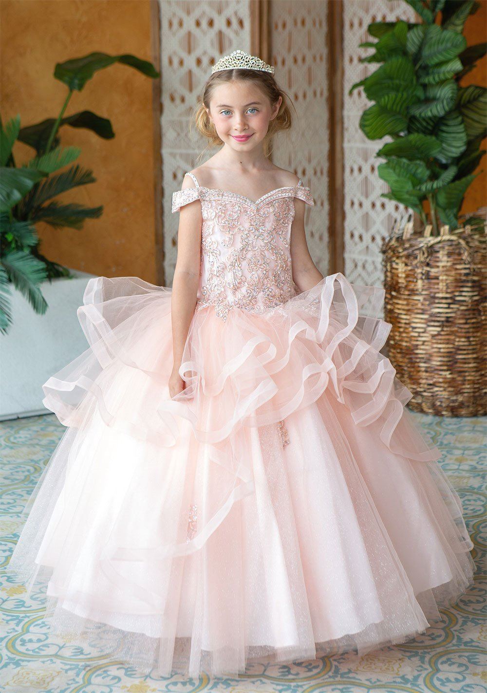 Girls Long Off Shoulder Dress with Glitter Skirt by Calla KY223-Girls Formal Dresses-ABC Fashion