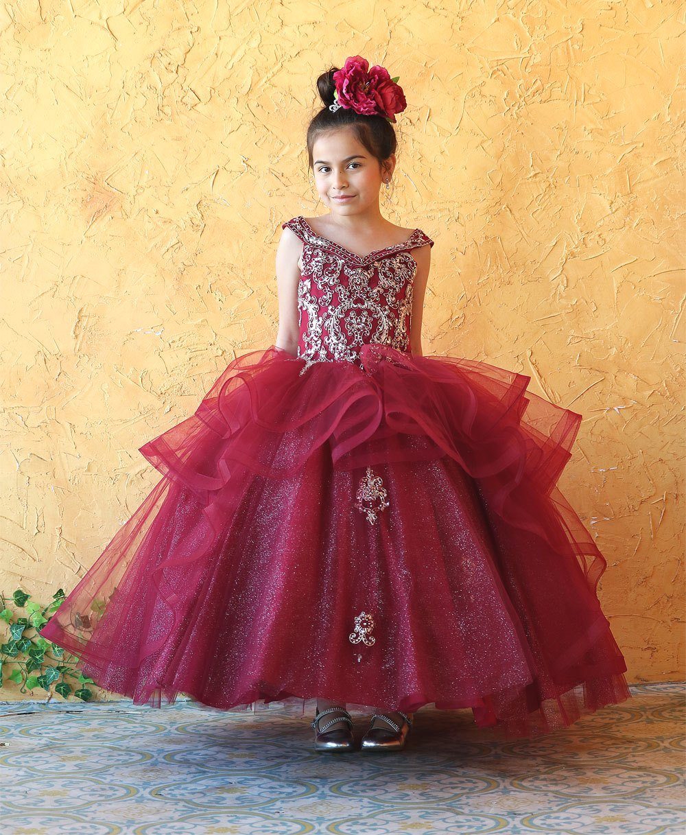 Girls Long Off Shoulder Dress with Glitter Skirt by Calla KY223-Girls Formal Dresses-ABC Fashion