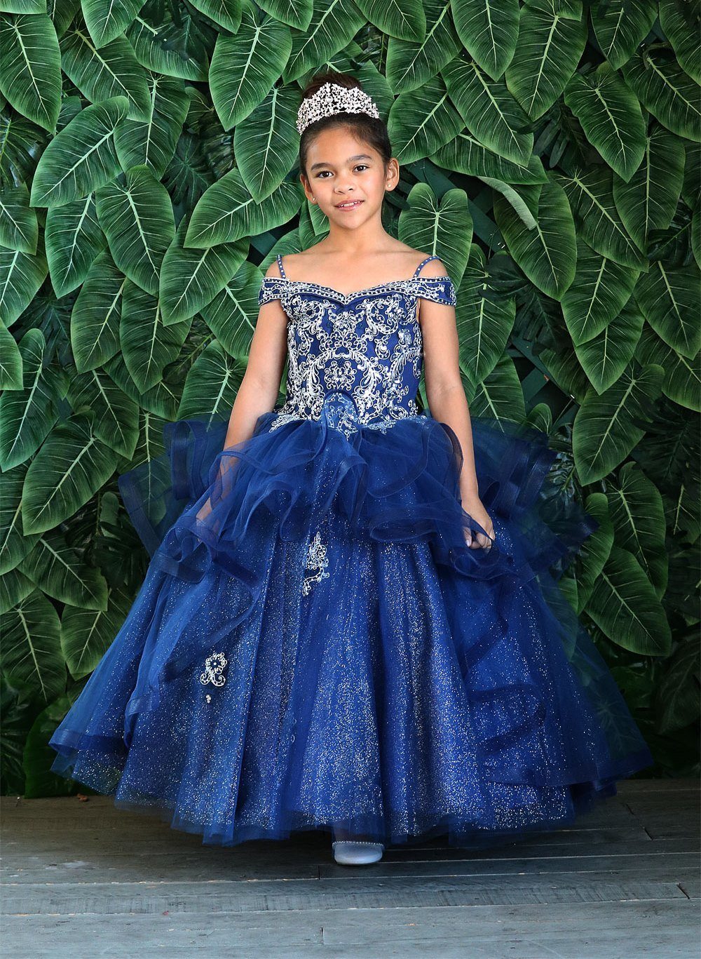 Girls Long Off Shoulder Dress with Glitter Skirt by Calla KY223-Girls Formal Dresses-ABC Fashion