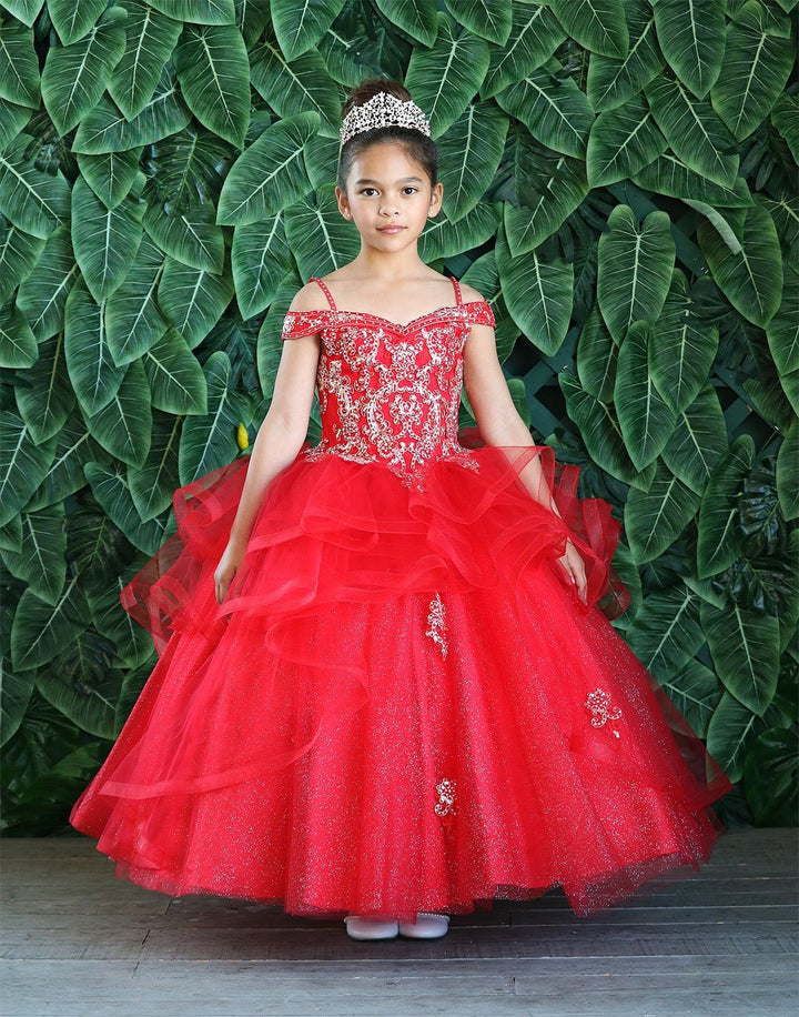 Girls Long Off Shoulder Dress with Glitter Skirt by Calla KY223-Girls Formal Dresses-ABC Fashion