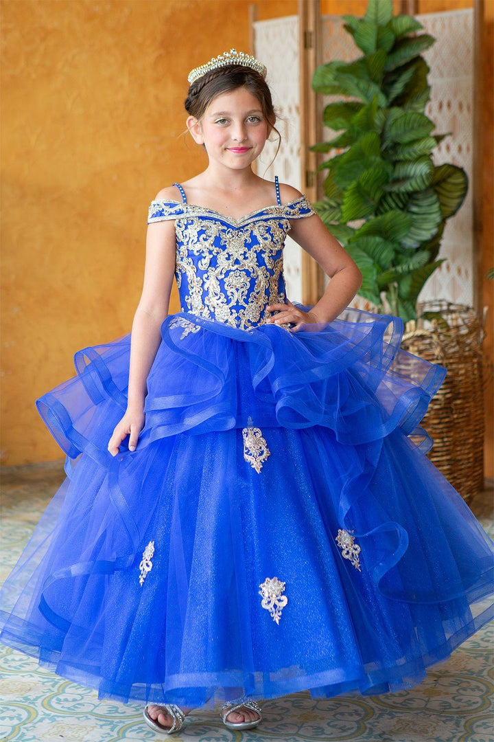 Girls Long Off Shoulder Dress with Glitter Skirt by Calla KY223-Girls Formal Dresses-ABC Fashion