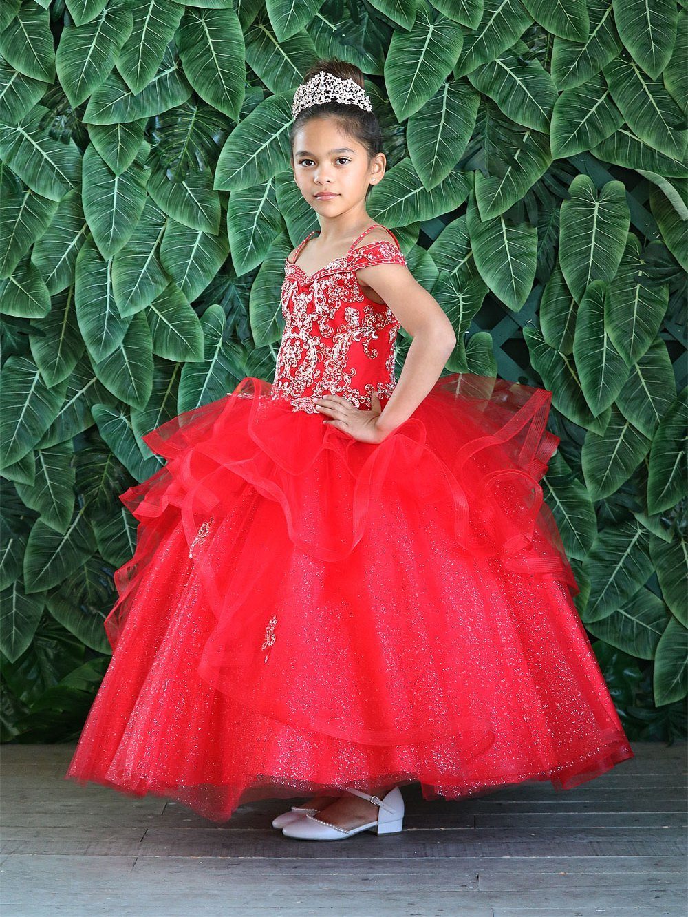 Girls Long Off Shoulder Dress with Glitter Skirt by Calla KY223-Girls Formal Dresses-ABC Fashion