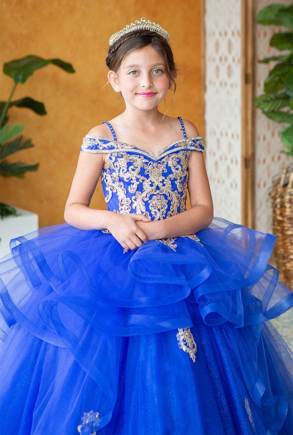 Girls Long Off Shoulder Dress with Glitter Skirt by Calla KY223-Girls Formal Dresses-ABC Fashion