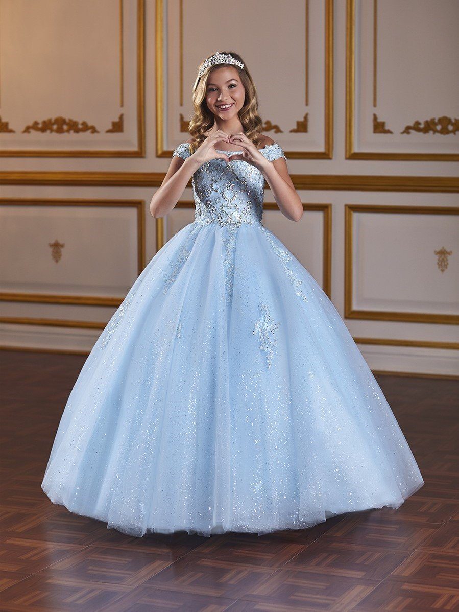 Girls Long Off Shoulder Glitter Dress by Tiffany Princess 13582 14 / Light Blue Girls Long Off Shoulder Glitter Dress by Tiffany Princess 13582 14 / Light Blue
