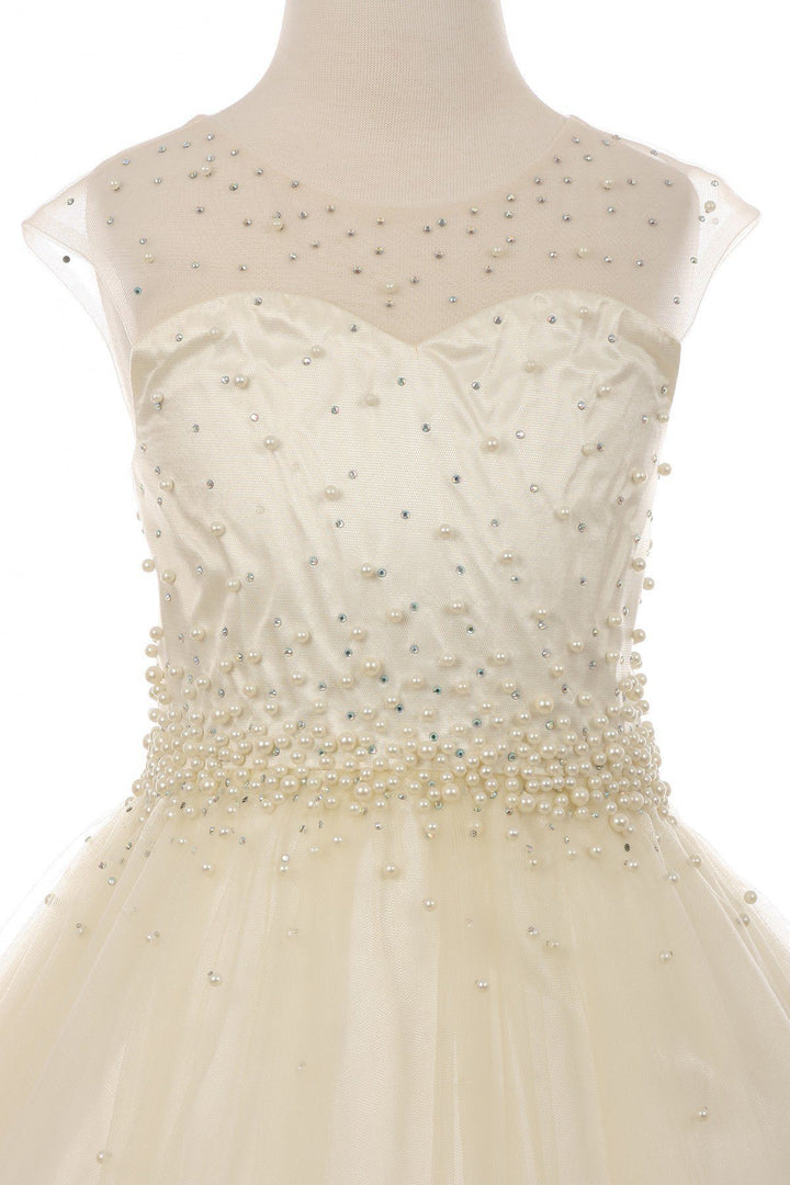 Girls Long Pearl Beaded Tulle Dress by Cinderella Couture 5053-Girls Formal Dresses-ABC Fashion