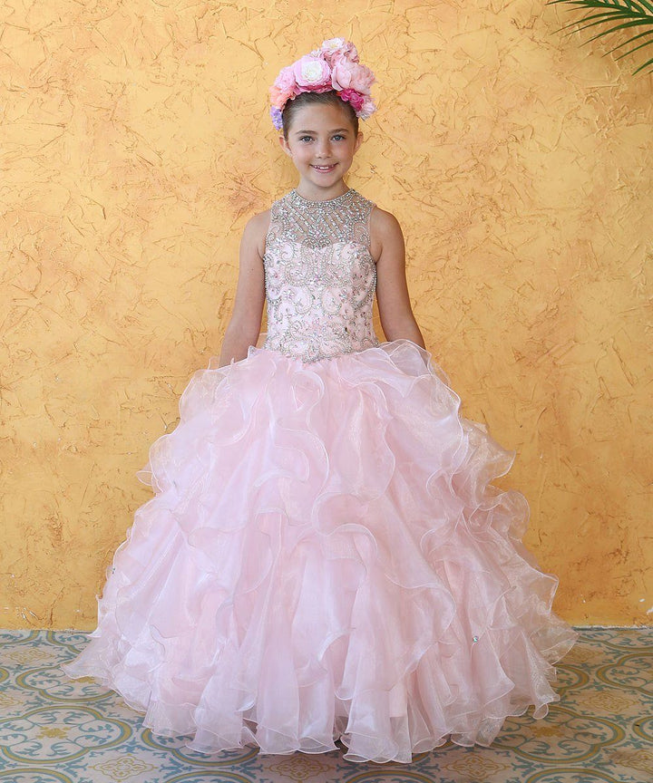 Girls Long Ruffled Dress with Beaded Bodice by Calla KY213-Girls Formal Dresses-ABC Fashion