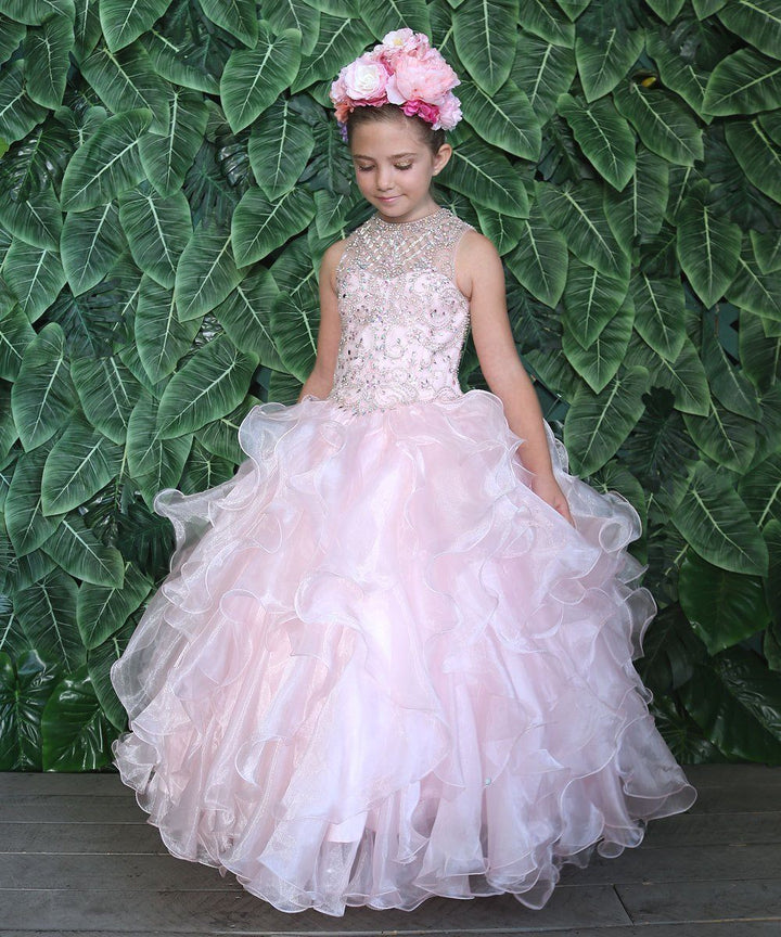 Girls Long Ruffled Dress with Beaded Bodice by Calla KY213-Girls Formal Dresses-ABC Fashion