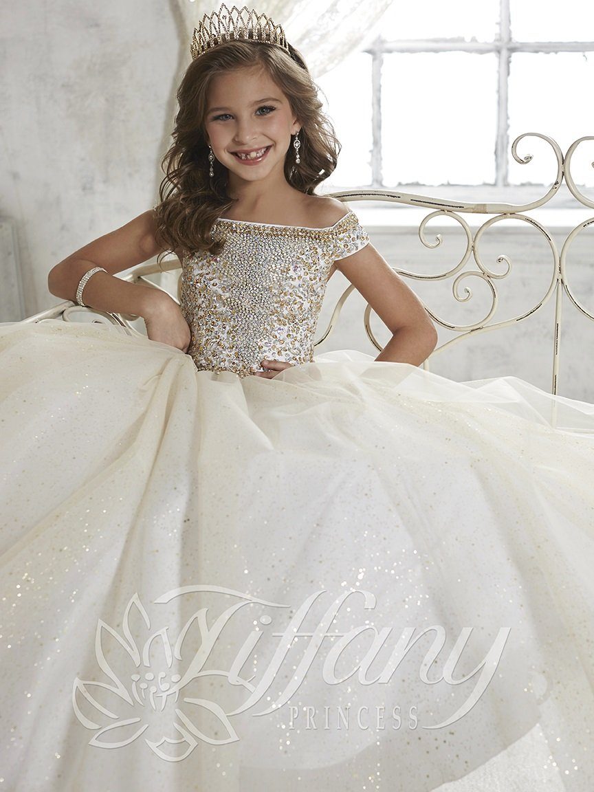 Girls Off The Shoulder Dress by Tiffany Princess 13457-Girls Formal Dresses-ABC Fashion