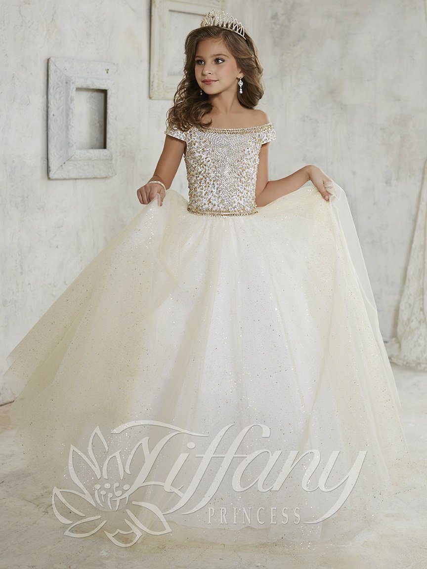 ladies off the shoulder dresses Girls Off Shoulder Tulle Dress by Tiffany Princess 13457 8 / Champagne/White