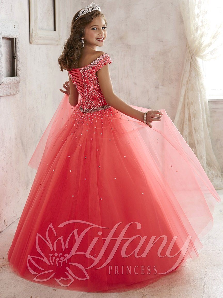 Girls Off The Shoulder Dress by Tiffany Princess 13458-Girls Formal Dresses-ABC Fashion