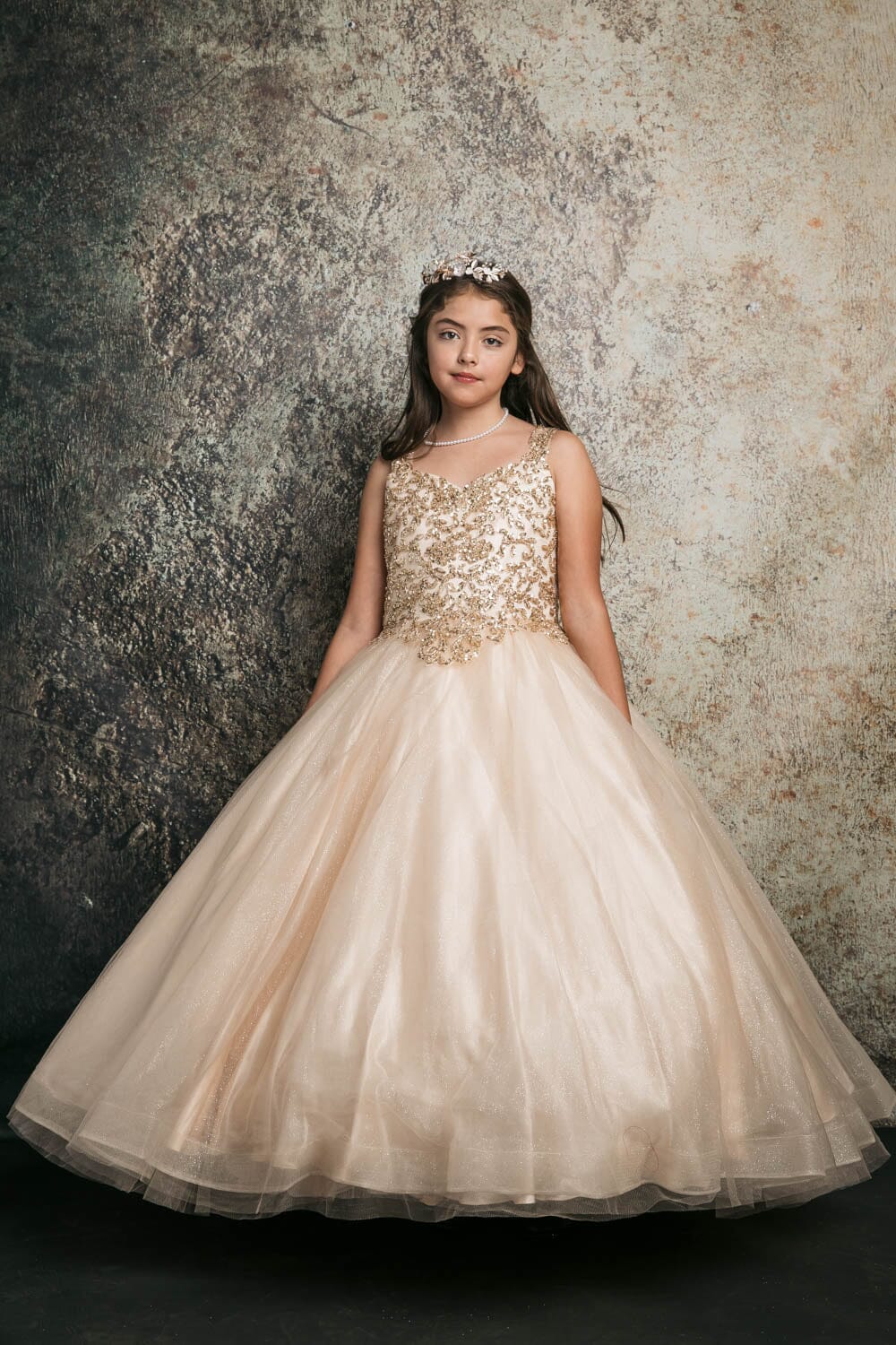 Girls Sequin Applique Sleeveless Gown by Petite Adele C337 4 / Champagne Girls Sequin Applique Sleeveless Gown by Petite Adele C337 4 / Champagne