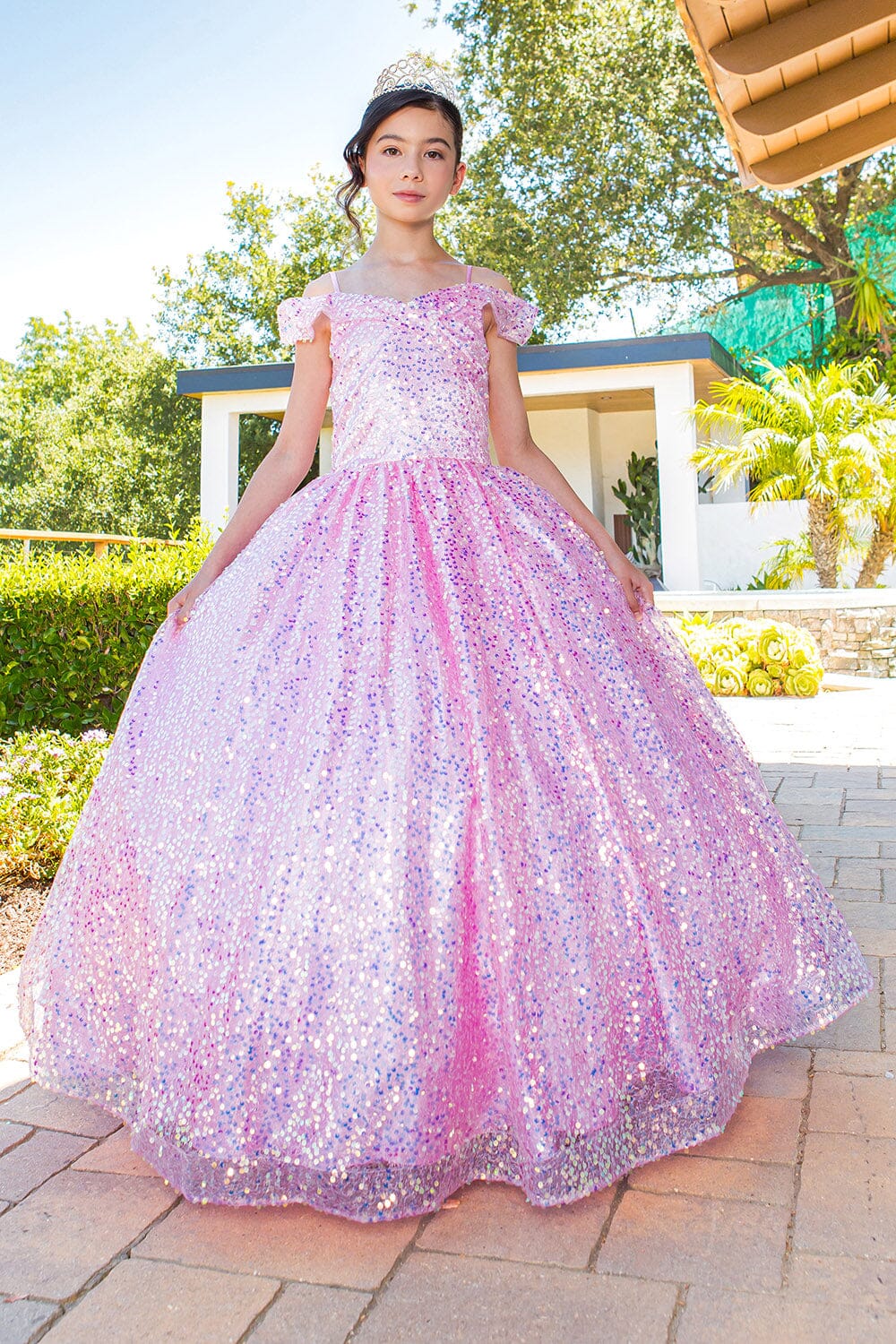 Girls Rainbow Sequin Glitter Tulle Off Shoulder Sweep Train Ball Gown, Sizes 2-16 Pink / 6