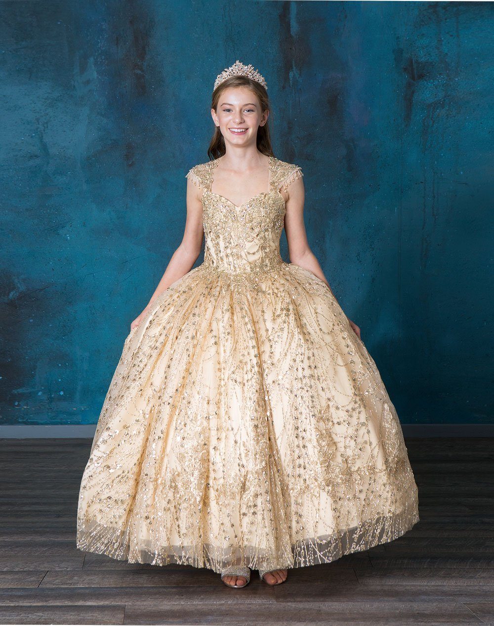 Girls Glitter Cap Sleeve Ball Gown by Calla KY226