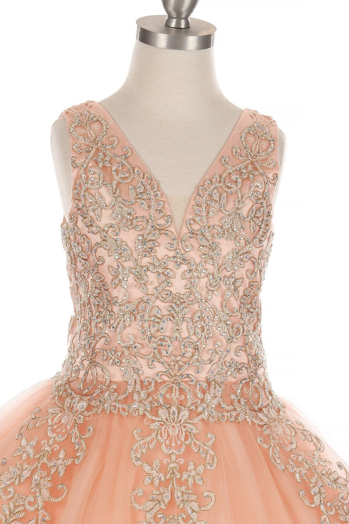 Girls Short Applique V-Neck Dress by Cinderella Couture 5110