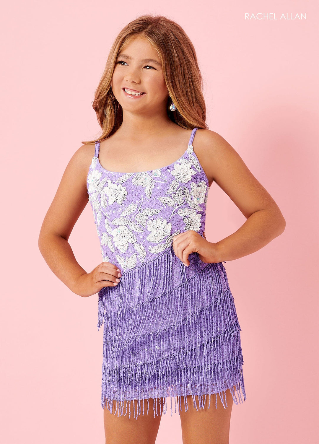 Girls Short Floral Beaded Fringe Dress by Rachel Allan 10168