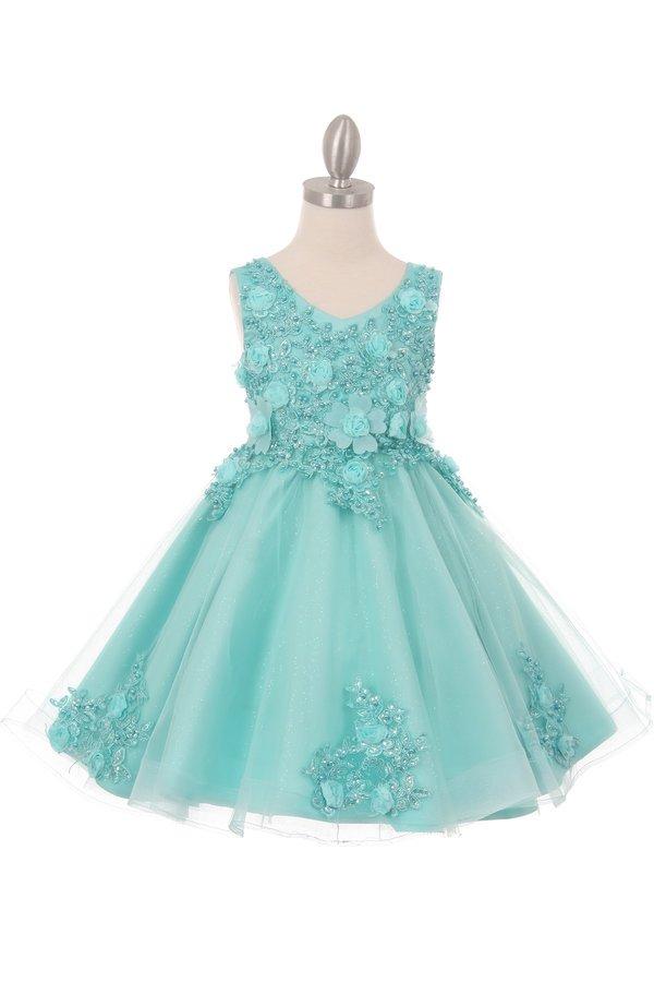 Girls Short Glitter Dress with 3D Flowers by Cinderella Couture 9020-Girls Formal Dresses-ABC Fashion