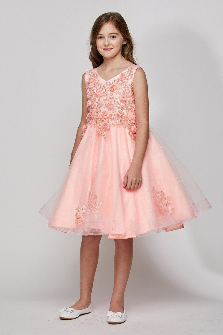 Girls Short Glitter Dress with 3D Flowers by Cinderella Couture 9020-Girls Formal Dresses-ABC Fashion