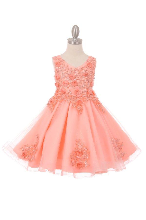 Girls Short Glitter Dress with 3D Flowers by Cinderella Couture 9020-Girls Formal Dresses-ABC Fashion