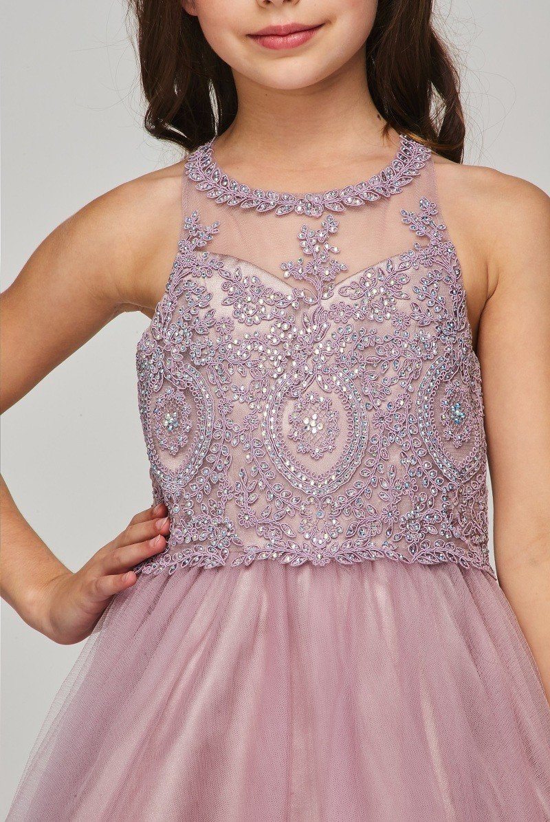 Girls Short Illusion Applique Dress by Cinderella Couture 5065