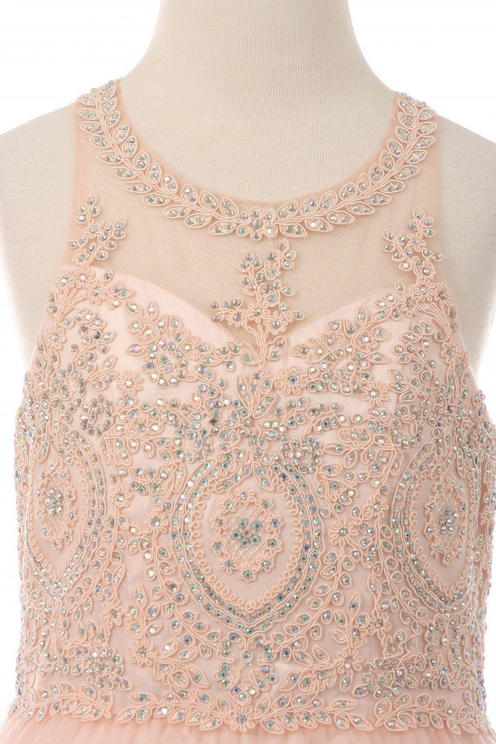 Girls Short Illusion Beaded Lace Dress by Cinderella Couture 5065-Girls Formal Dresses-ABC Fashion