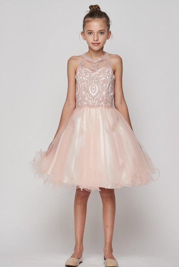 Girls Short Illusion Beaded Lace Dress by Cinderella Couture 5065-Girls Formal Dresses-ABC Fashion