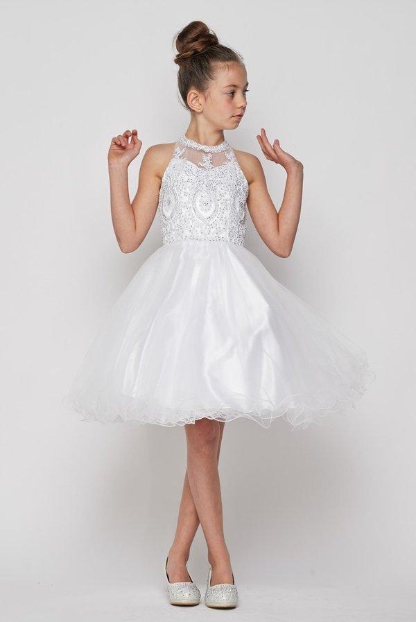 Girls Short Illusion Beaded Lace Dress by Cinderella Couture 5065-Girls Formal Dresses-ABC Fashion