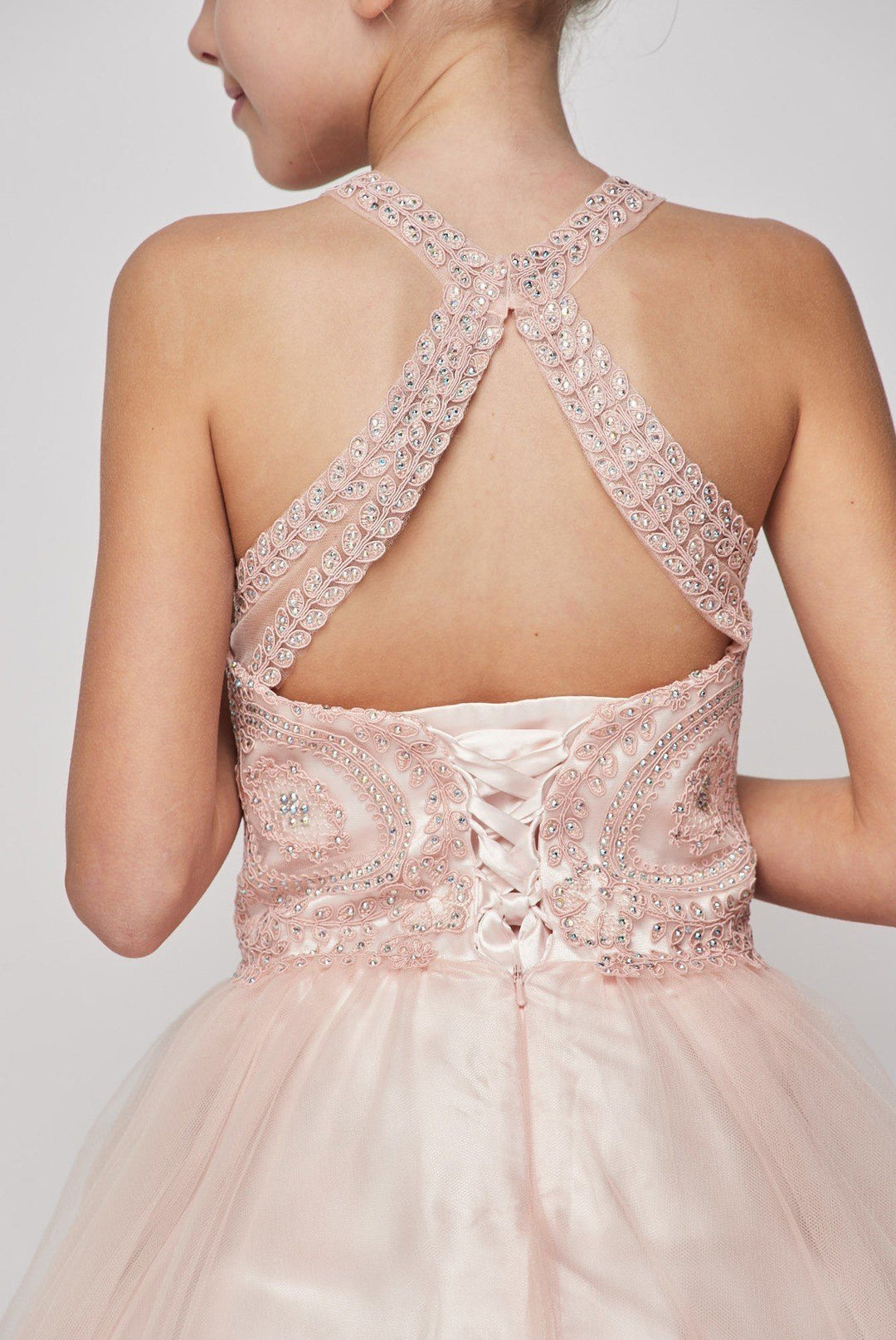 Girls Short Illusion Beaded Lace Dress by Cinderella Couture 5065-Girls Formal Dresses-ABC Fashion