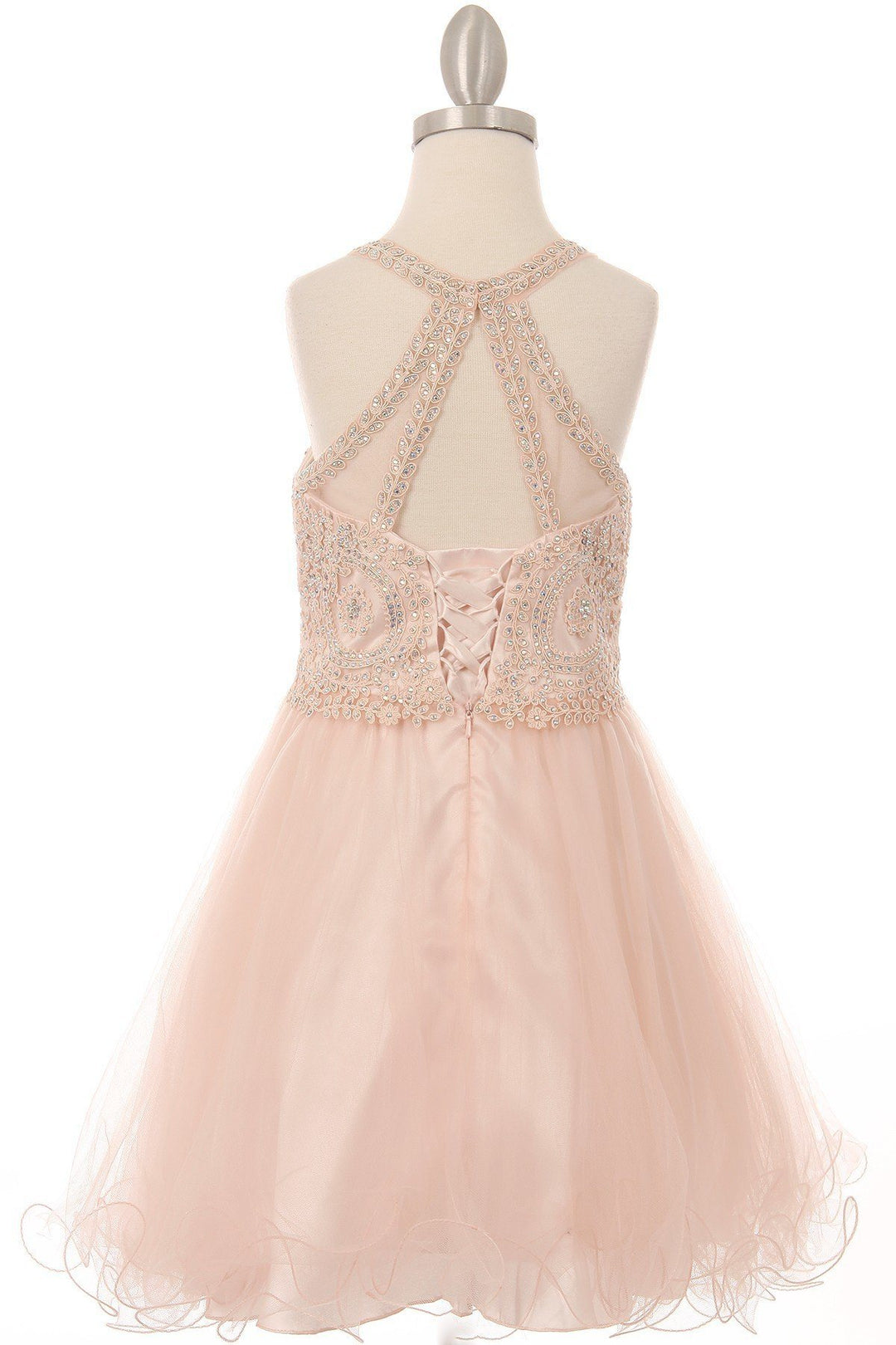 Girls Short Illusion Beaded Lace Dress by Cinderella Couture 5065-Girls Formal Dresses-ABC Fashion