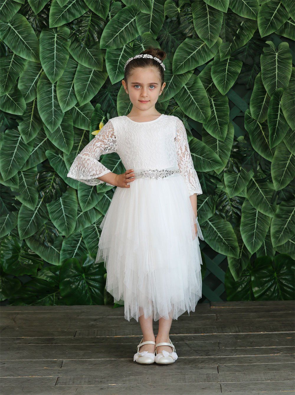 Girls Short Lace Bell Sleeve Dress with Tutu Skirt by Calla D708
