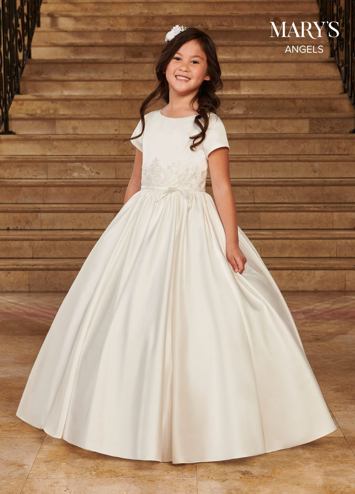 Girls Short Sleeve Satin Gown by Mary's Bridal MB9077