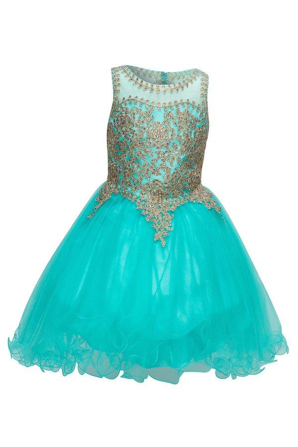 Girls Short Tulle Dress with Gold Applique Top by Cinderella Couture 5017-Girls Formal Dresses-ABC Fashion