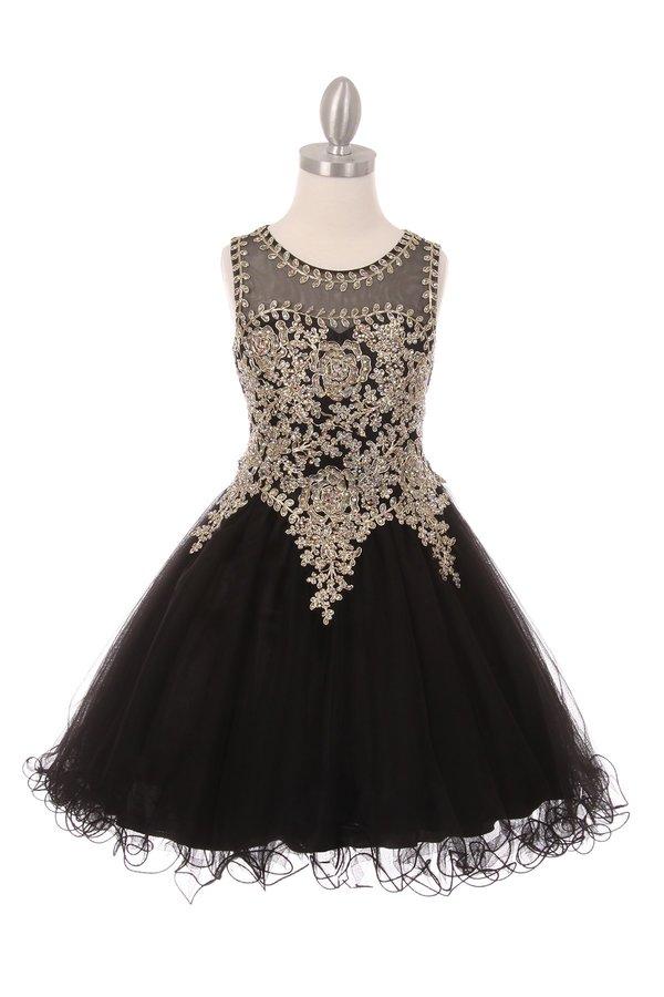 Girls Short Tulle Dress with Gold Applique Top by Cinderella Couture 5017-Girls Formal Dresses-ABC Fashion