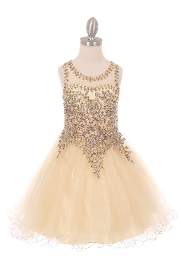Girls Short Tulle Dress with Gold Applique Top by Cinderella Couture 5017-Girls Formal Dresses-ABC Fashion
