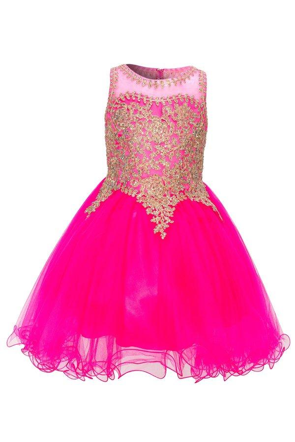 Girls Short Tulle Dress with Gold Applique Top by Cinderella Couture 5017-Girls Formal Dresses-ABC Fashion