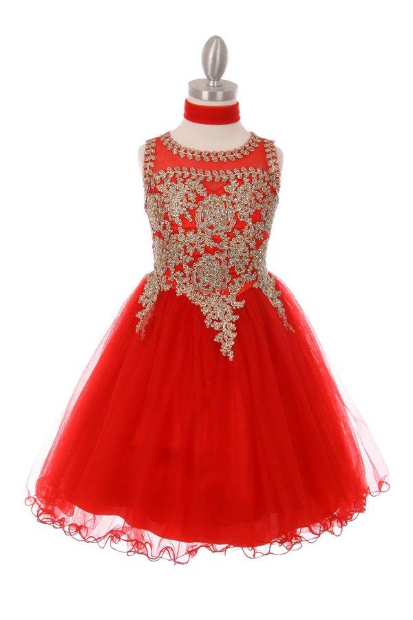 Girls Short Tulle Dress with Gold Applique Top by Cinderella Couture 5017-Girls Formal Dresses-ABC Fashion