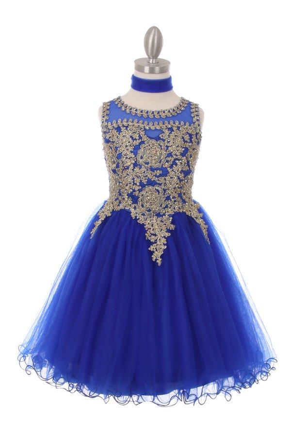 Girls Short Tulle Dress with Gold Applique Top by Cinderella Couture 5017-Girls Formal Dresses-ABC Fashion