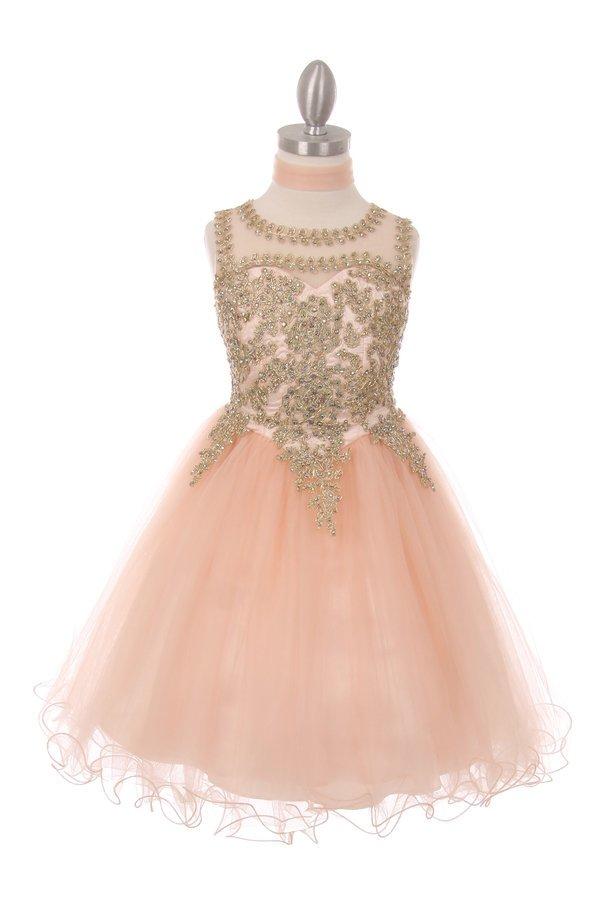 Girls Short Tulle Dress with Gold Applique Top by Cinderella Couture 5017-Girls Formal Dresses-ABC Fashion