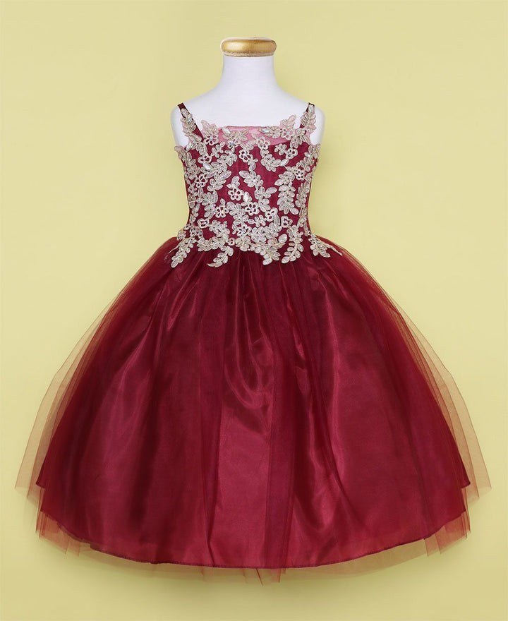 Girls Sleeveless Tulle Dress with Leaf Appliques by Calla D778-Girls Formal Dresses-ABC Fashion