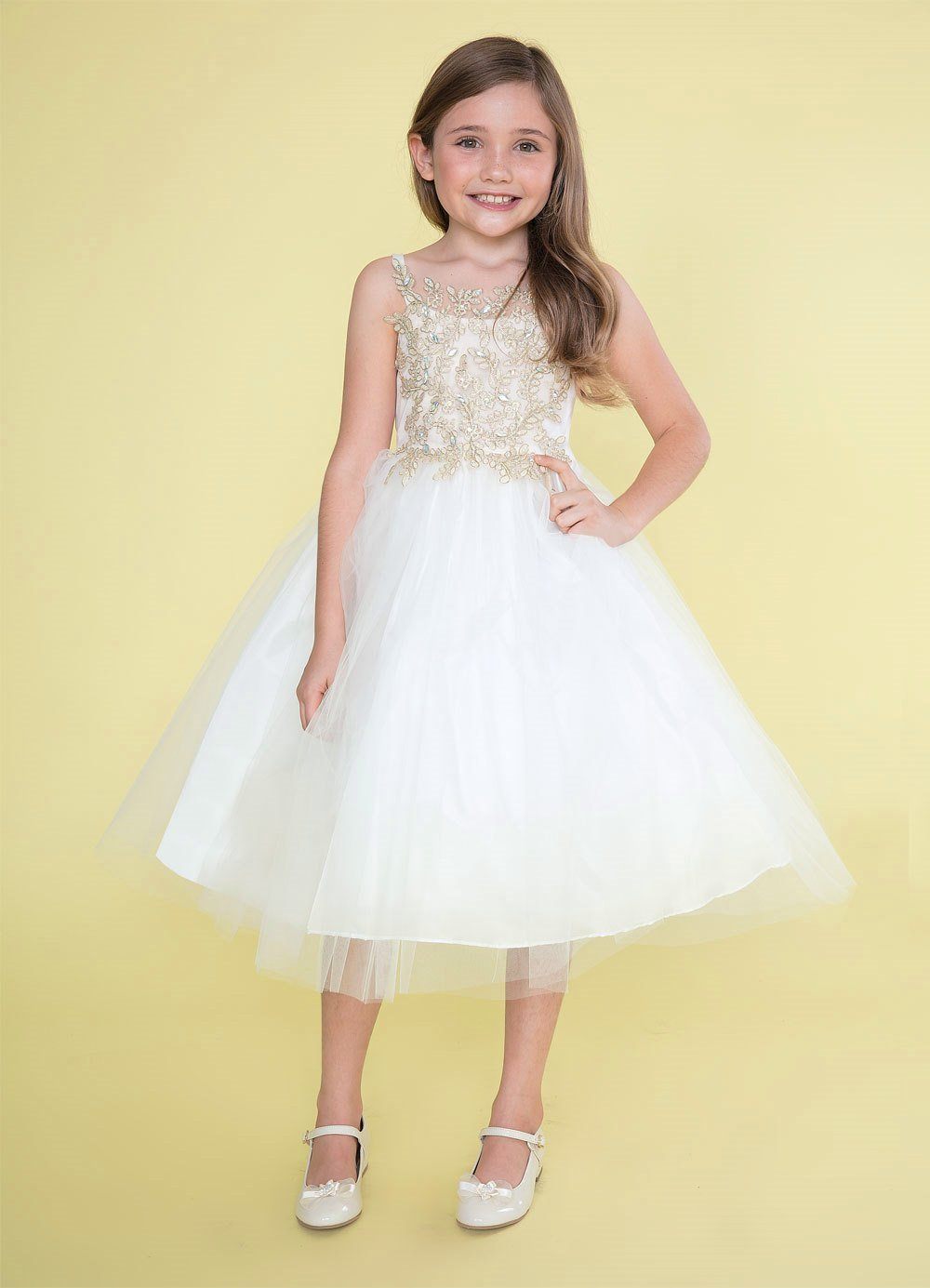 Girls Sleeveless Tulle Dress with Leaf Appliques by Calla D778-Girls Formal Dresses-ABC Fashion