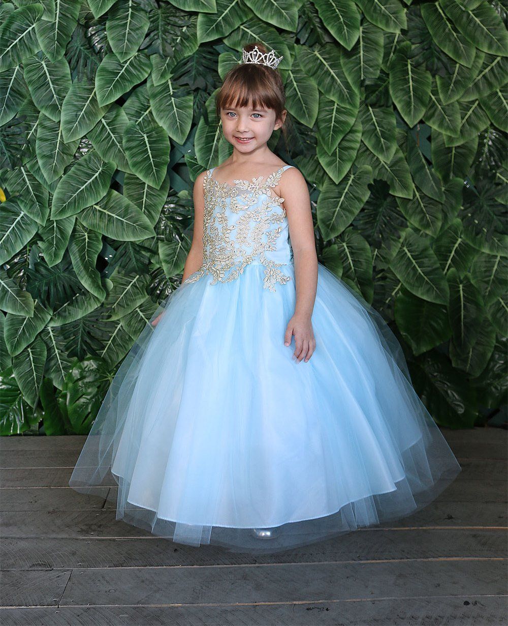 Girls Sleeveless Tulle Dress with Leaf Appliques by Calla D778-Girls Formal Dresses-ABC Fashion