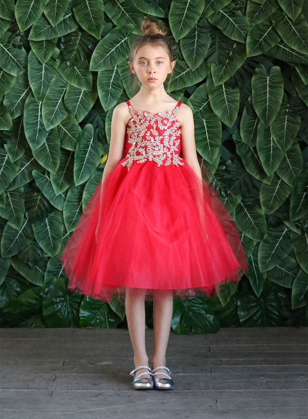 Girls Sleeveless Tulle Dress with Leaf Appliques by Calla D778-Girls Formal Dresses-ABC Fashion